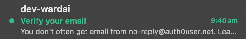 Inbox preview of the Verify your email message from dev-wardai