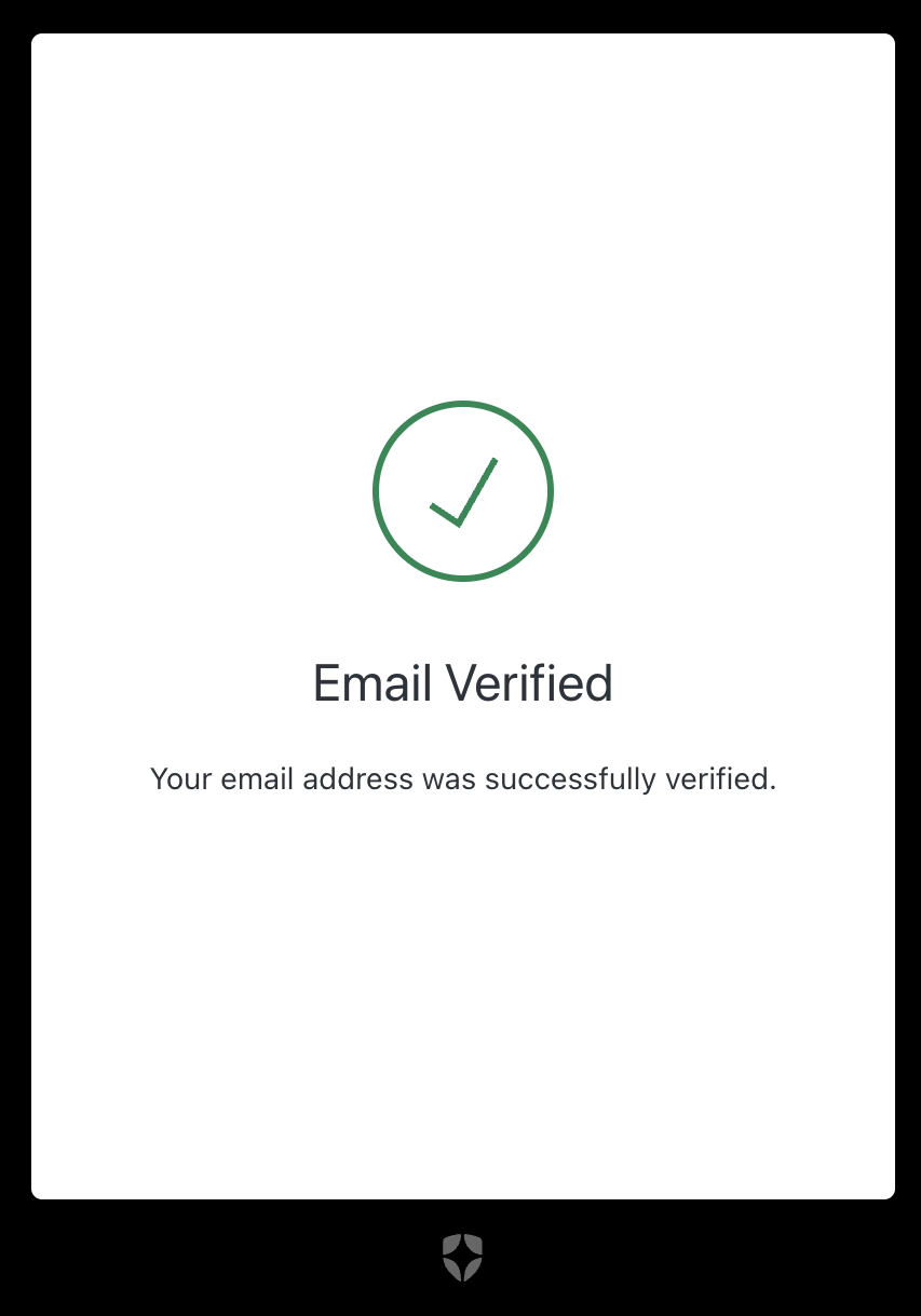 Browser window showing the Email Verified confirmation screen