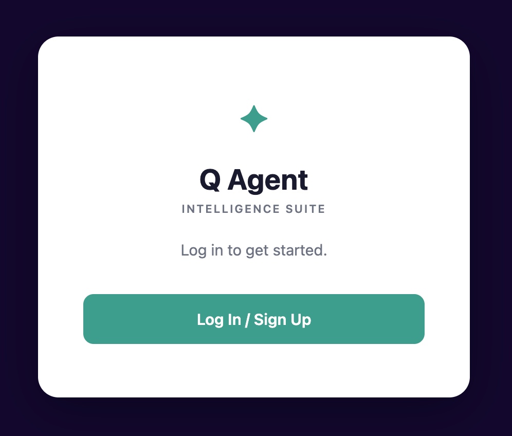 Q Agent Intelligence Suite welcome screen with a Log In / Sign Up button