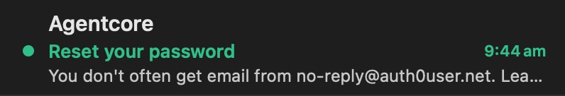 Inbox preview of the Reset your password email from Agentcore